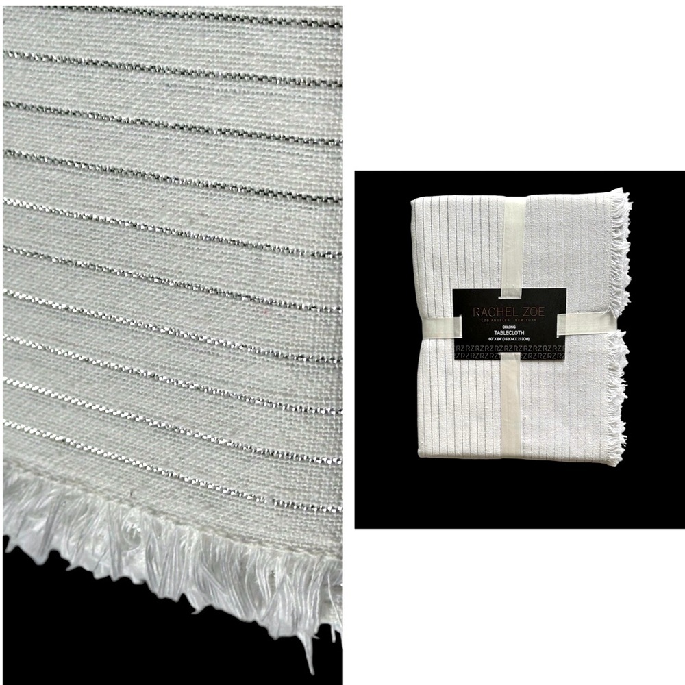 Rachel Zoe Silver & White Stripes Oblong Tablecloth White W/ Silver Pinstripes